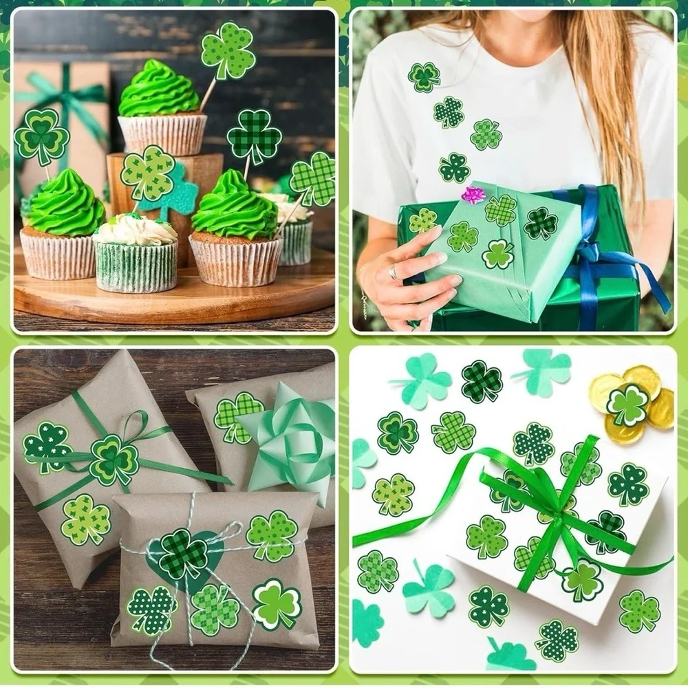 50 Count - Festive Shamrock, Clover Stickers, Variety, Green, White, 1.5 inches
